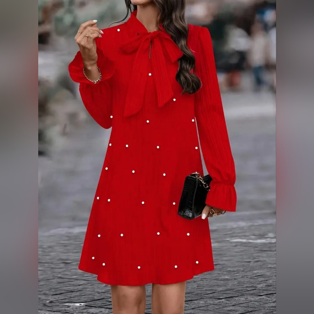 Chic Red Long Sleeve Dress with Bow